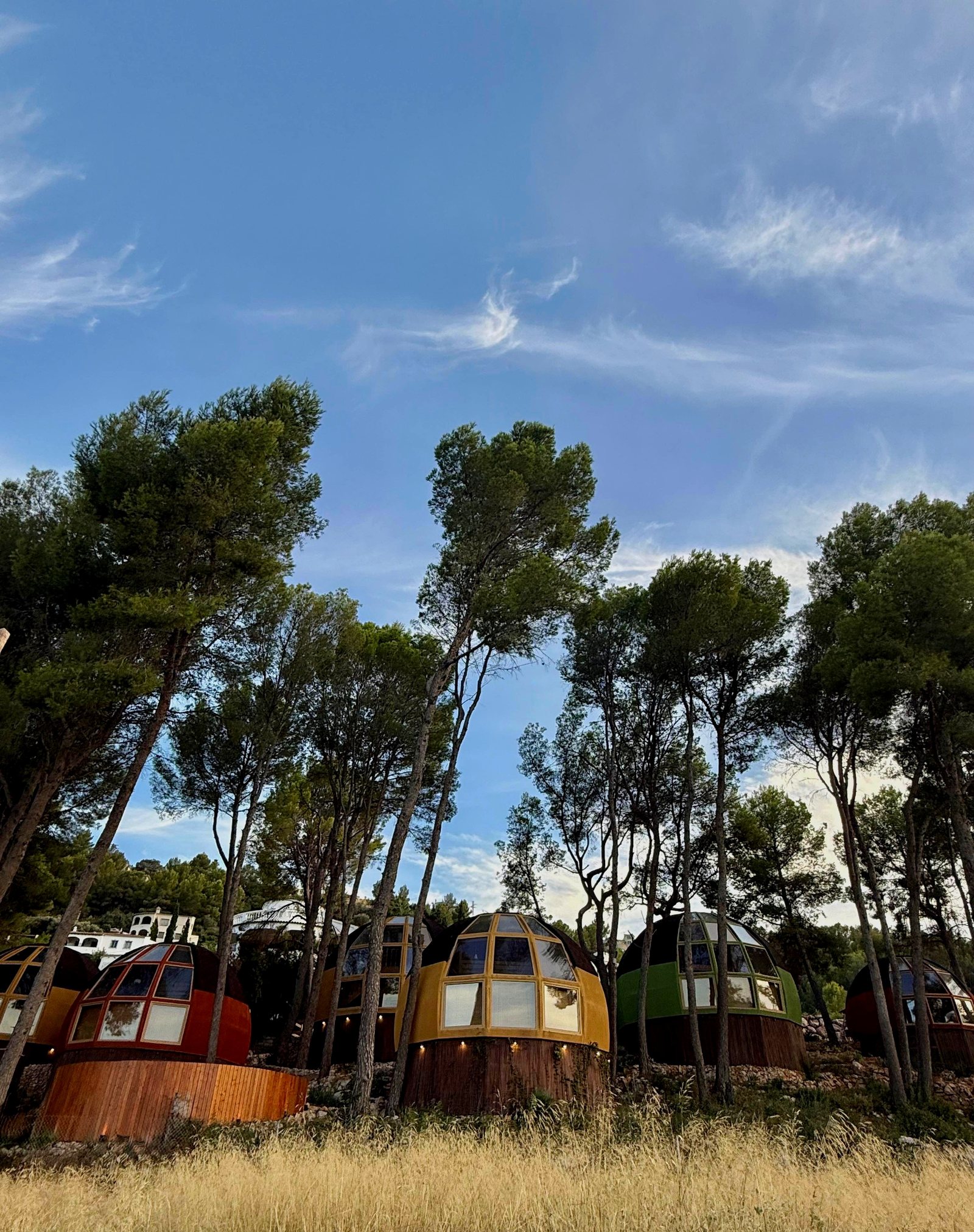 Vista amplia de las seis casas domo geodésicas de AUMARA en fila sobre hierba dorada bajo el cielo azul en Benidoleig, Alicante (Costa Blanca)